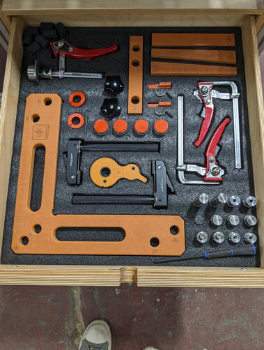 One of the organized drawers I built for my large shop MFT assembly table, to store various clamping and alignment tools that work with the grid of dog-holes cut into the assembly table top. (2023)