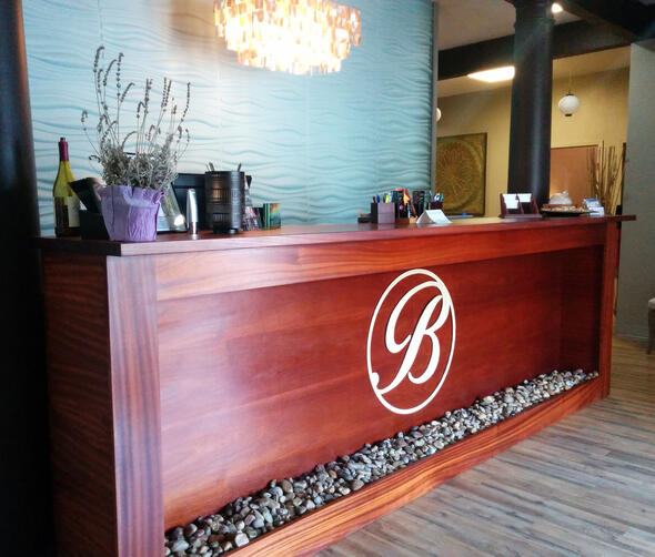 The sapele mahogany reception desk I built for Bliss Medical Spa in conjunction with my friend Jeremy Miller. (2016)
