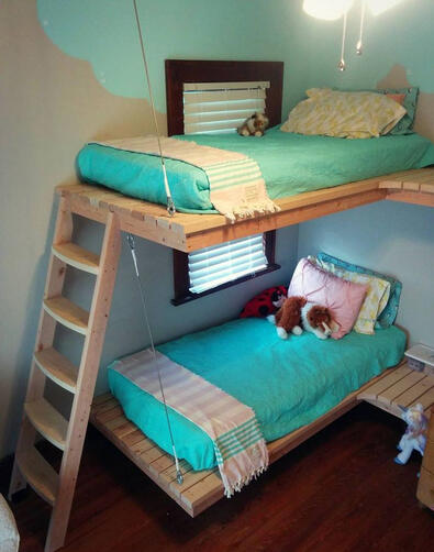 Floating bunkbeds built of southern yellow pine construction lumber and maple, supported partly by aircraft-grade steel cables. (2017)