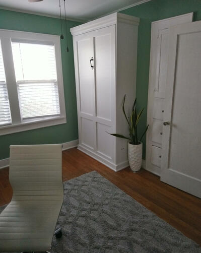 Murphy bed I built to provide a secondary use for a client's home office, so her oldest son has a place to sleep when he comes to visit from out of state. (2021)