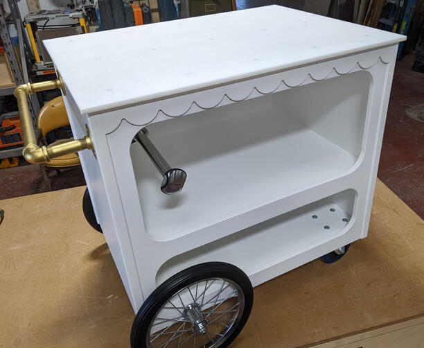 A portable shaved ice pushcart I built for a local vendor to take to birthday parties and street events. (2022)